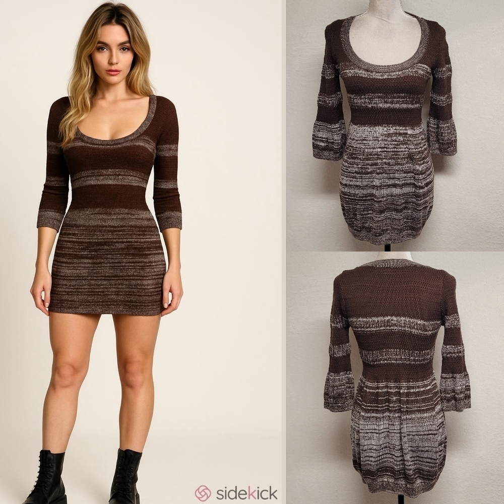 Daytrip Y2K Vintage Brown Gray Desert Striped Balloon Sleeve Mini Sweater Dress